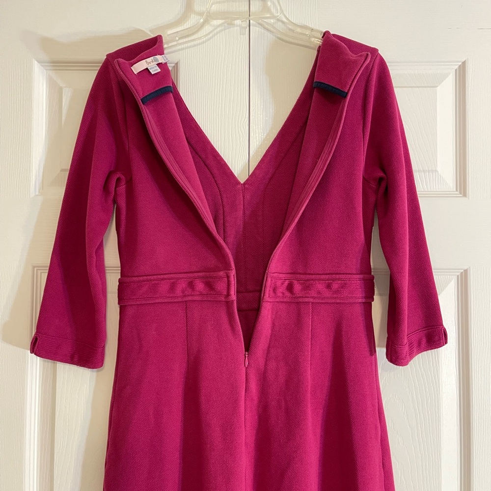 Boden Mercer Mulberry Textured Cotton Fit & Flare V Neck 3/4 Sleeve Dress - Picture 5 of 11